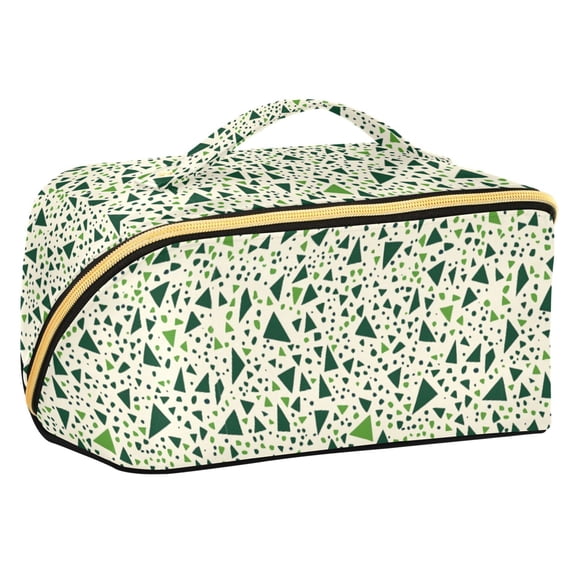 FORMRS Makeup Bag Travel Cosmetic Organizer for Women Fold Flat Zipper Pouch with Handle, Green Triangles Pattern