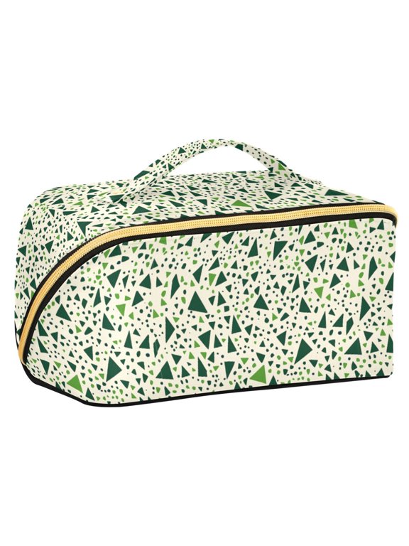 Makeup Bag Travel Cosmetic Organizer for Women Fold Flat Zipper Pouch with Handle, Green Triangles Pattern