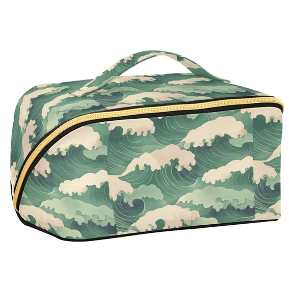 FORMRS Makeup Bag Travel Cosmetic Organizer for Women Fold Flat Zipper Pouch with Handle, Green Wave Pattern