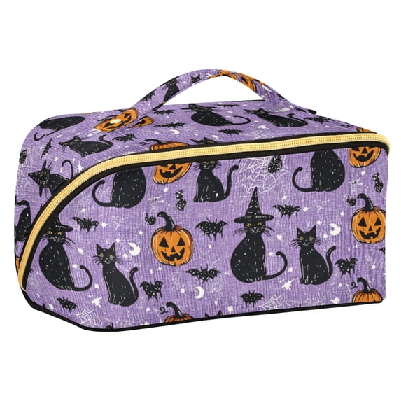 FORMRS Makeup Bag Travel Cosmetic Organizer for Women Fold Flat Zipper Pouch with Handle, Halloween Cats
