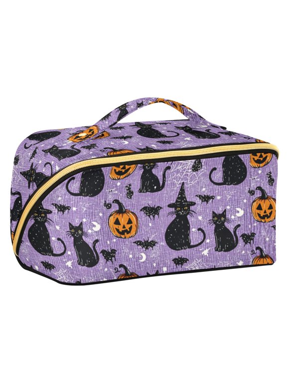 Makeup Bag Travel Cosmetic Organizer for Women Fold Flat Zipper Pouch with Handle, Halloween Cats