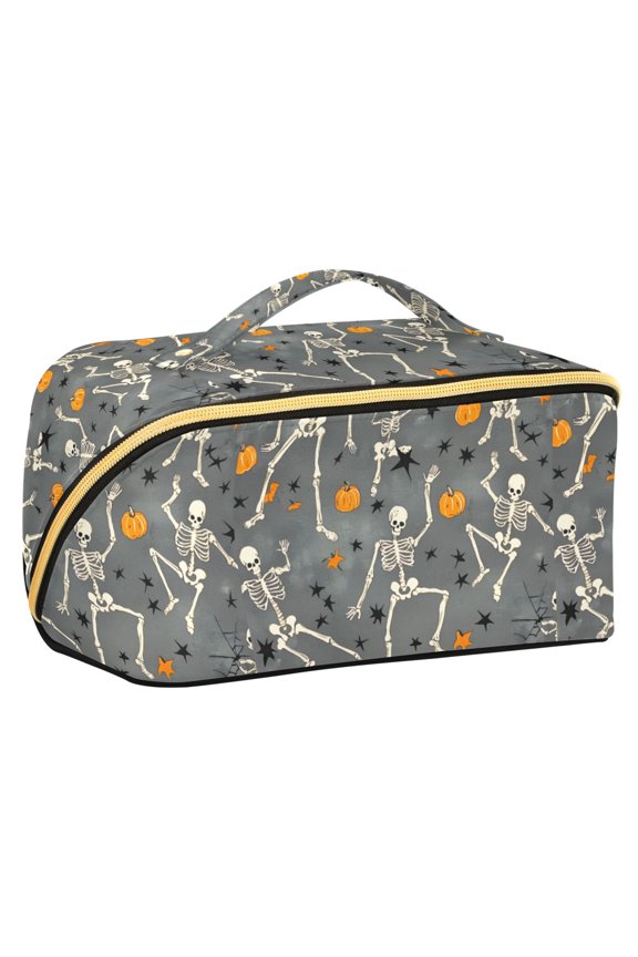 Makeup Bag Travel Cosmetic Organizer for Women Fold Flat Zipper Pouch with Handle, Halloween Dancing Skeleton