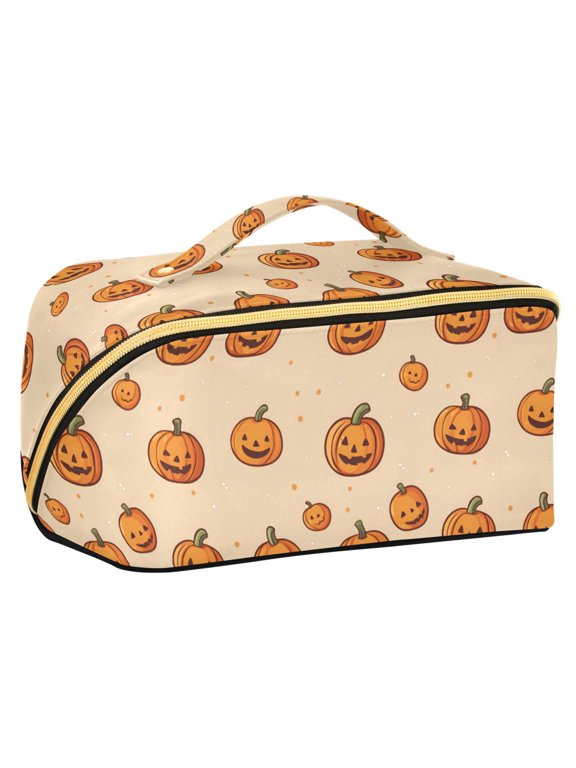Makeup Bag Travel Cosmetic Organizer for Women Fold Flat Zipper Pouch with Handle, Halloween Pumpkins Pattern