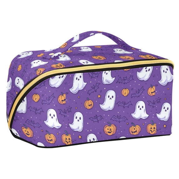 FORMRS Makeup Bag Travel Cosmetic Organizer for Women Fold Flat Zipper Pouch with Handle, Halloween Purple Ghosts