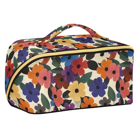FORMRS Makeup Bag Travel Cosmetic Organizer for Women Fold Flat Zipper Pouch with Handle, Large Colorful Flowers Pattern