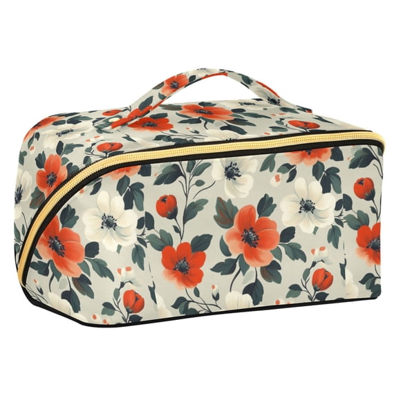 FORMRS Makeup Bag Travel Cosmetic Organizer for Women Fold Flat Zipper Pouch with Handle, Large Red Floral Pattern
