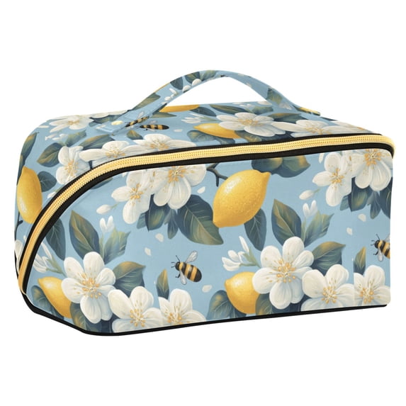FORMRS Makeup Bag Travel Cosmetic Organizer for Women Fold Flat Zipper Pouch with Handle, Lemon Pattern