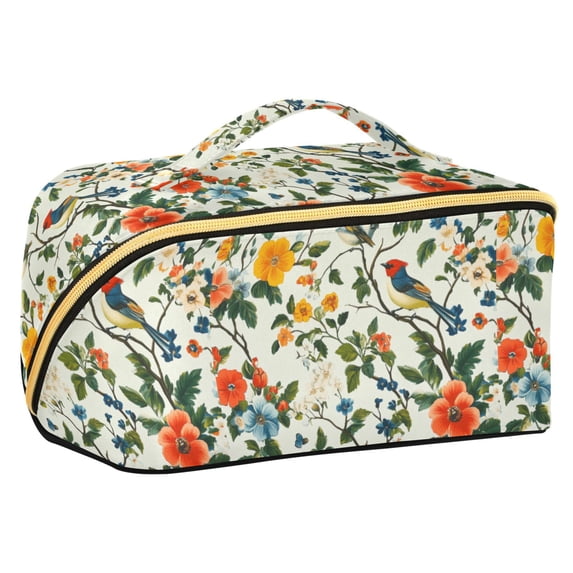 FORMRS Makeup Bag Travel Cosmetic Organizer for Women Fold Flat Zipper Pouch with Handle, Light Green Floral Pattern