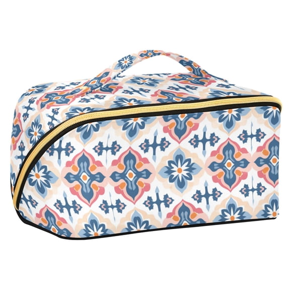 FORMRS Makeup Bag Travel Cosmetic Organizer for Women Fold Flat Zipper Pouch with Handle, Navy Blossom Mosaic