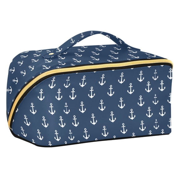FORMRS Makeup Bag Travel Cosmetic Organizer for Women Fold Flat Zipper Pouch with Handle, Navy Blue Anchors Pattern