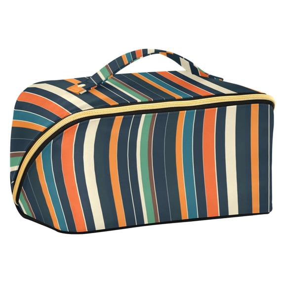 FORMRS Makeup Bag Travel Cosmetic Organizer for Women Fold Flat Zipper Pouch with Handle, Navy Blue Stripes