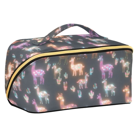 FORMRS Makeup Bag Travel Cosmetic Organizer for Women Fold Flat Zipper Pouch with Handle, Neon Llamas Pattern