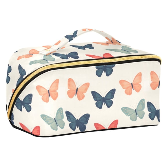 FORMRS Makeup Bag Travel Cosmetic Organizer for Women Fold Flat Zipper Pouch with Handle, Orange Butterflies