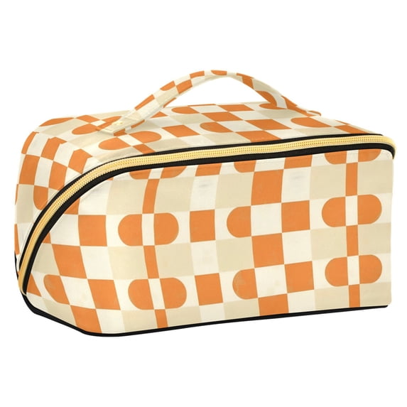 FORMRS Makeup Bag Travel Cosmetic Organizer for Women Fold Flat Zipper Pouch with Handle, Orange Checkered Pattern