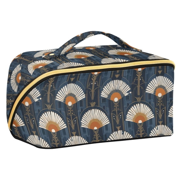 FORMRS Makeup Bag Travel Cosmetic Organizer for Women Fold Flat Zipper Pouch with Handle, Orange Elegant Geometric