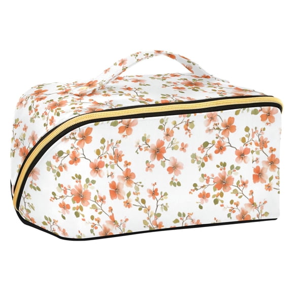 FORMRS Makeup Bag Travel Cosmetic Organizer for Women Fold Flat Zipper Pouch with Handle, Orange Floral Blooms