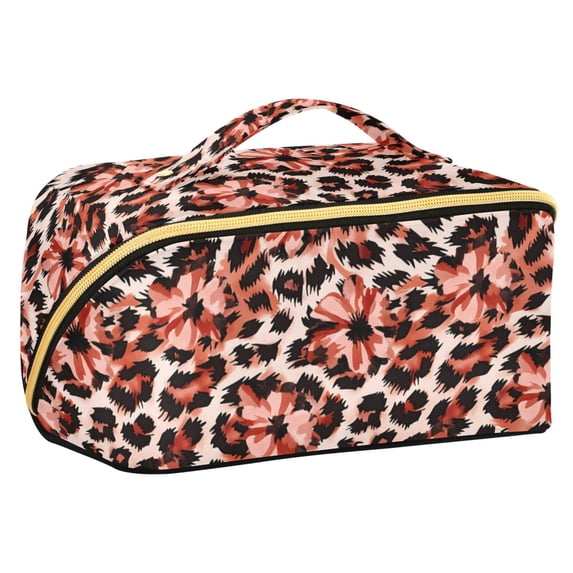 FORMRS Makeup Bag Travel Cosmetic Organizer for Women Fold Flat Zipper Pouch with Handle, Orange Floral Leopard Pattern