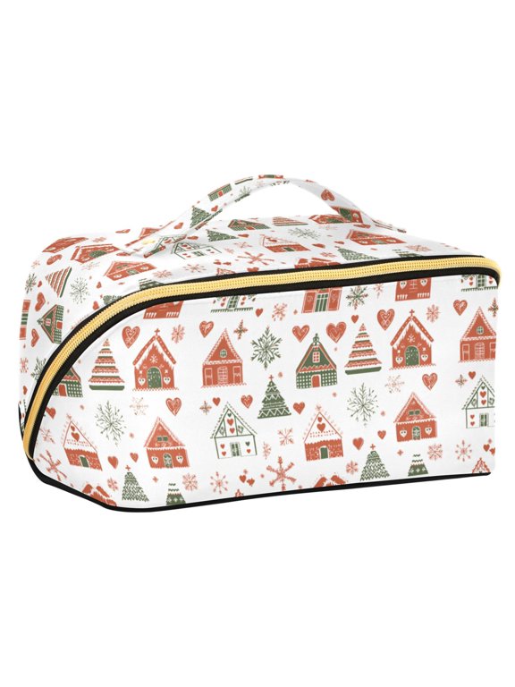 Makeup Bag Travel Cosmetic Organizer for Women Fold Flat Zipper Pouch with Handle, Orange Nordic Christmas