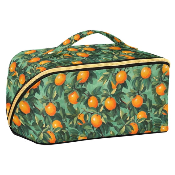 FORMRS Makeup Bag Travel Cosmetic Organizer for Women Fold Flat Zipper Pouch with Handle, Orange Tree Pattern