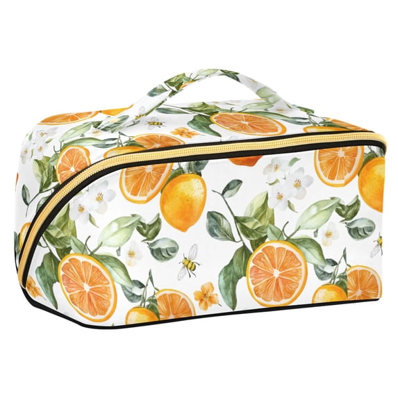 FORMRS Makeup Bag Travel Cosmetic Organizer for Women Fold Flat Zipper Pouch with Handle, Orange Watercolor Bees
