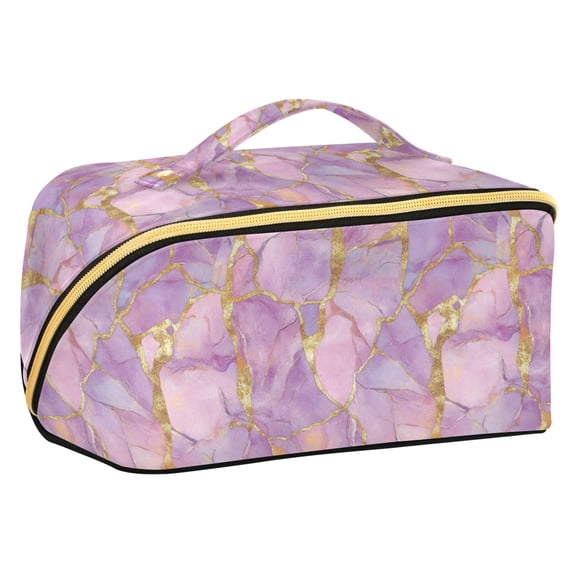 FORMRS Makeup Bag Travel Cosmetic Organizer for Women Fold Flat Zipper Pouch with Handle, Pastel Pink Marble Pattern