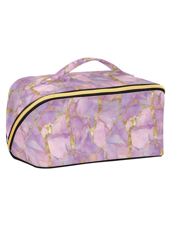 Makeup Bag Travel Cosmetic Organizer for Women Fold Flat Zipper Pouch with Handle, Pastel Pink Marble Pattern