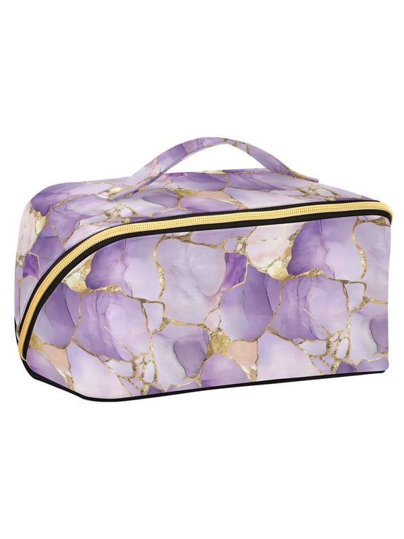 Makeup Bag Travel Cosmetic Organizer for Women Fold Flat Zipper Pouch with Handle, Pastel Purple Marble Pattern
