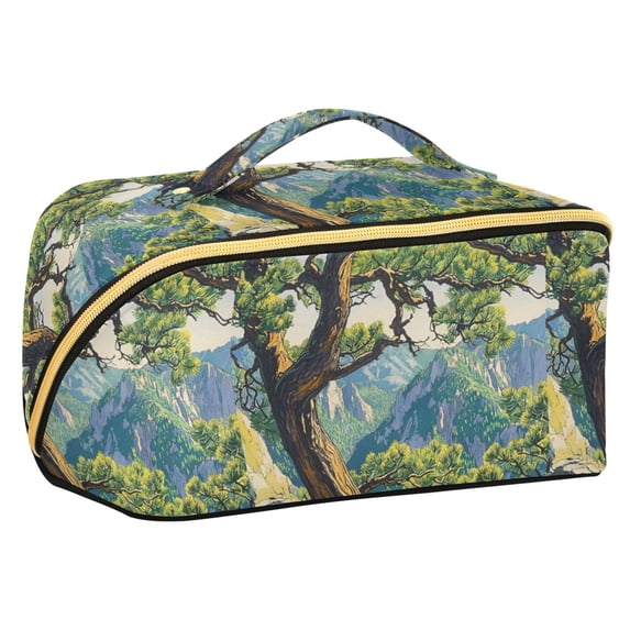 FORMRS Makeup Bag Travel Cosmetic Organizer for Women Fold Flat Zipper Pouch with Handle, Pine Tree