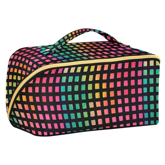 FORMRS Makeup Bag Travel Cosmetic Organizer for Women Fold Flat Zipper Pouch with Handle, Pink Block Pattern
