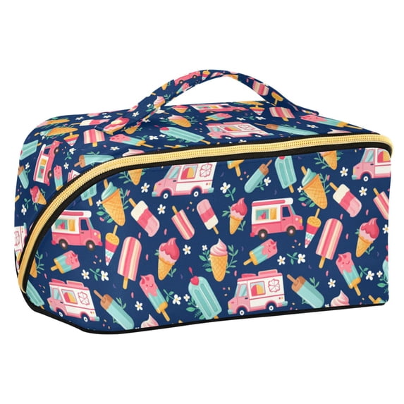 FORMRS Makeup Bag Travel Cosmetic Organizer for Women Fold Flat Zipper Pouch with Handle, Pink Cartoon Truck Pattern