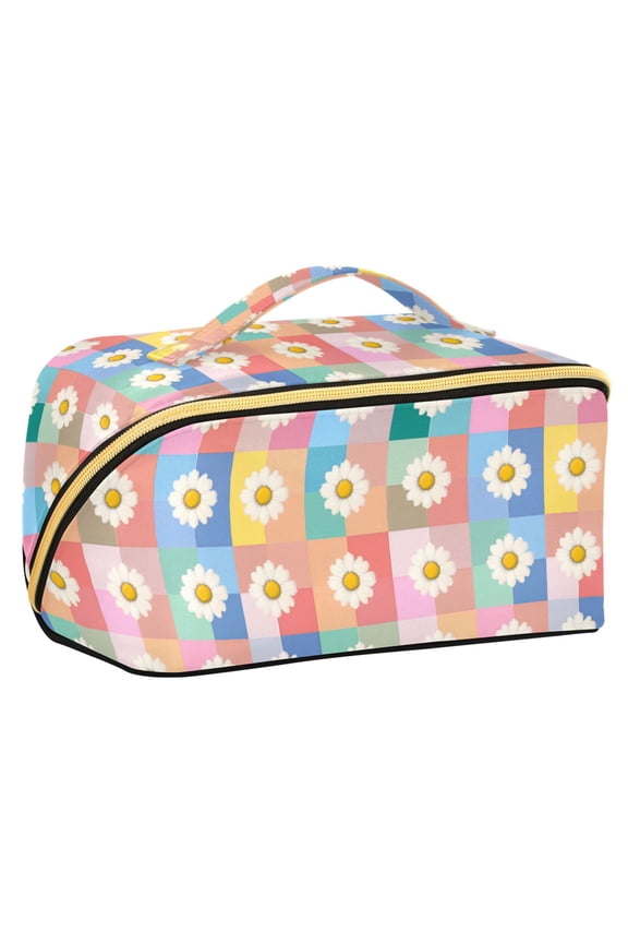 Makeup Bag Travel Cosmetic Organizer for Women Fold Flat Zipper Pouch with Handle, Pink Checkered Daisy