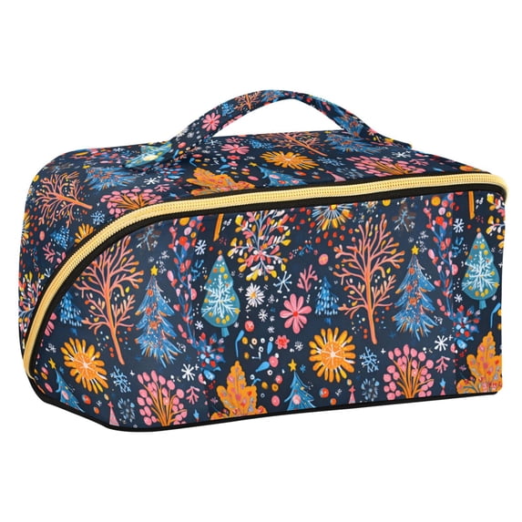 FORMRS Makeup Bag Travel Cosmetic Organizer for Women Fold Flat Zipper Pouch with Handle, Pink Christmas Splendor