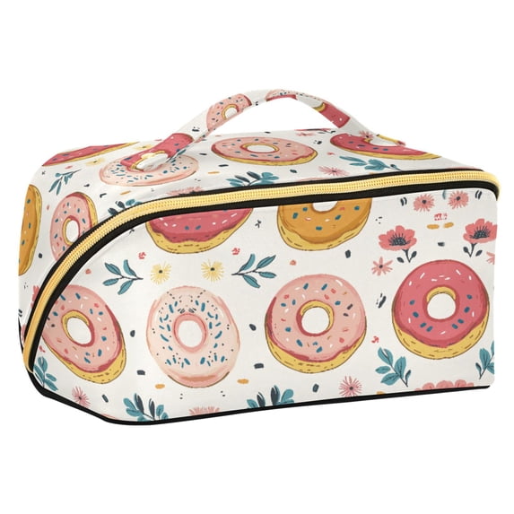 FORMRS Makeup Bag Travel Cosmetic Organizer for Women Fold Flat Zipper Pouch with Handle, Pink Donut