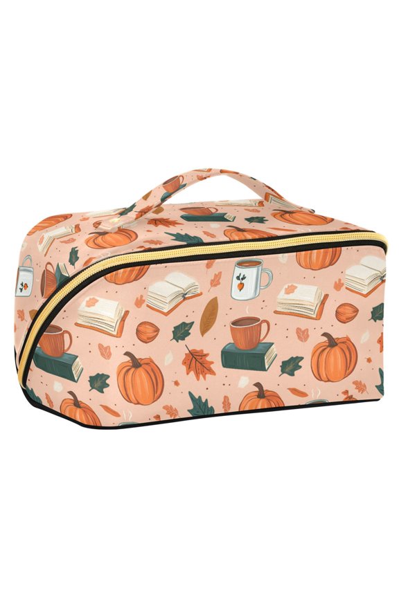 Makeup Bag Travel Cosmetic Organizer for Women Fold Flat Zipper Pouch with Handle, Pink Fall Coffee