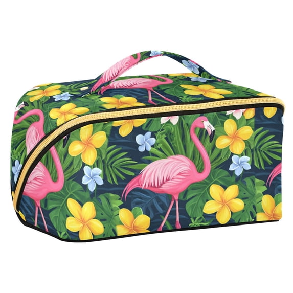 FORMRS Makeup Bag Travel Cosmetic Organizer for Women Fold Flat Zipper Pouch with Handle, Pink Flamingo Pattern