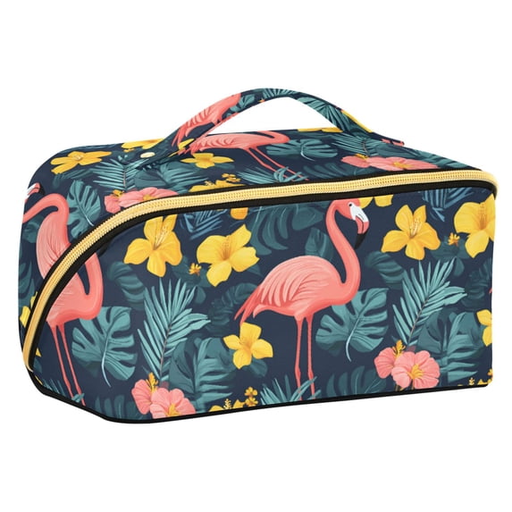 FORMRS Makeup Bag Travel Cosmetic Organizer for Women Fold Flat Zipper Pouch with Handle, Pink Floral Flamingo