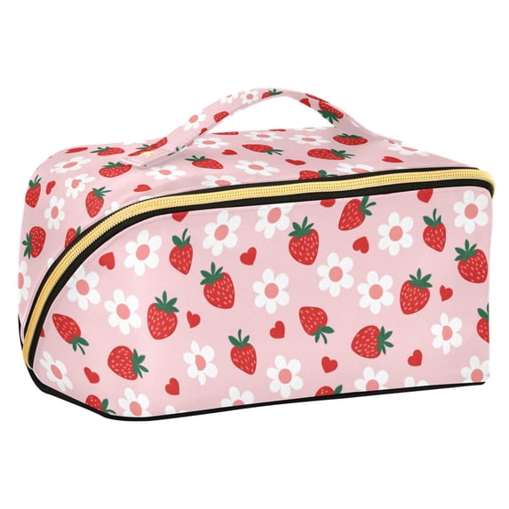 FORMRS Makeup Bag Travel Cosmetic Organizer for Women Fold Flat Zipper Pouch with Handle, Pink Floral Strawberry Pattern