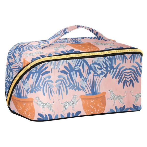 FORMRS Makeup Bag Travel Cosmetic Organizer for Women Fold Flat Zipper Pouch with Handle, Pink Leaves