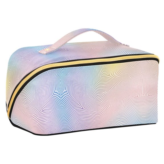 FORMRS Makeup Bag Travel Cosmetic Organizer for Women Fold Flat Zipper Pouch with Handle, Pink Wavy Striped
