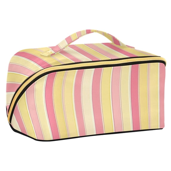 FORMRS Makeup Bag Travel Cosmetic Organizer for Women Fold Flat Zipper Pouch with Handle, Pink and Yellow Striped Pattern
