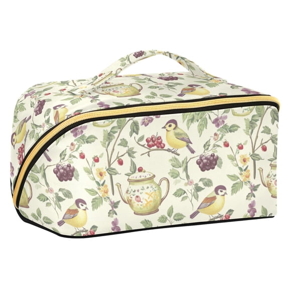 FORMRS Makeup Bag Travel Cosmetic Organizer for Women Fold Flat Zipper Pouch with Handle, Purple Birds Teapots
