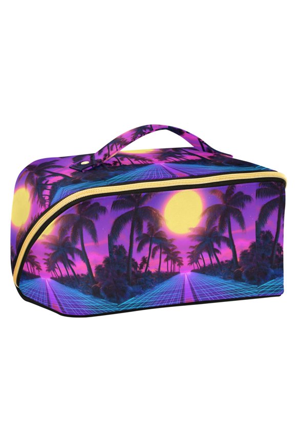 Makeup Bag Travel Cosmetic Organizer for Women Fold Flat Zipper Pouch with Handle, Purple Neon Road