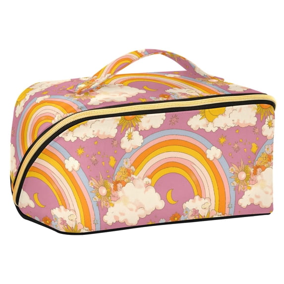FORMRS Makeup Bag Travel Cosmetic Organizer for Women Fold Flat Zipper Pouch with Handle, Purple Retro Rainbow