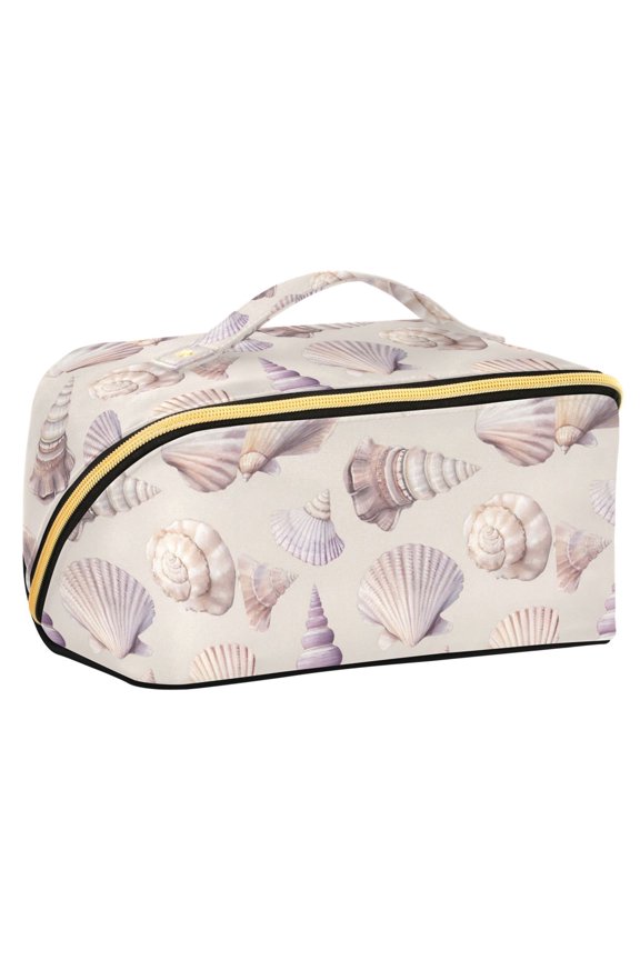 Makeup Bag Travel Cosmetic Organizer for Women Fold Flat Zipper Pouch with Handle, Purple Watercolor Seashells