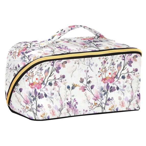 FORMRS Makeup Bag Travel Cosmetic Organizer for Women Fold Flat Zipper Pouch with Handle, Purple Wildflowers