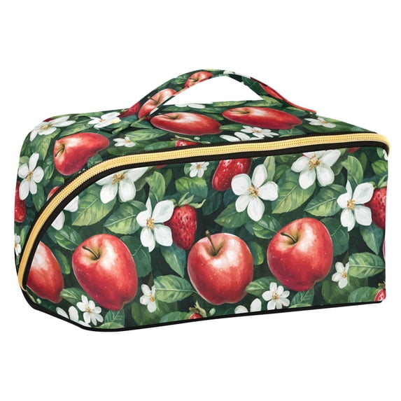 FORMRS Makeup Bag Travel Cosmetic Organizer for Women Fold Flat Zipper Pouch with Handle, Red Apple Pattern