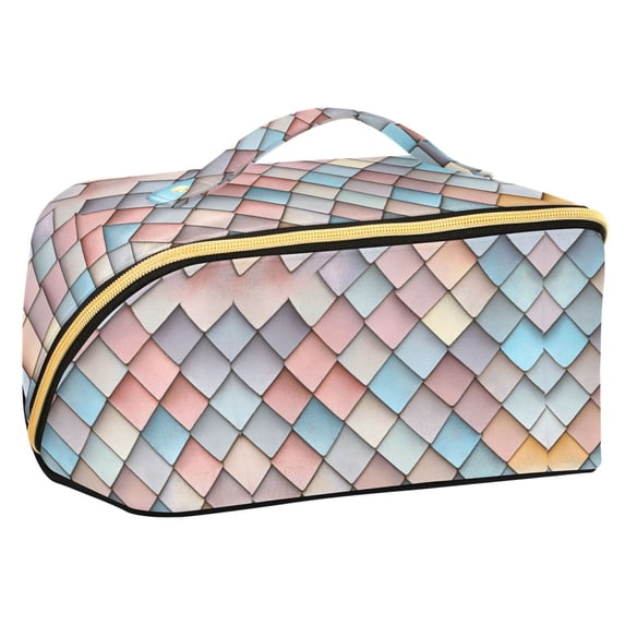 FORMRS Makeup Bag Travel Cosmetic Organizer for Women Fold Flat Zipper Pouch with Handle, Red Art Pattern