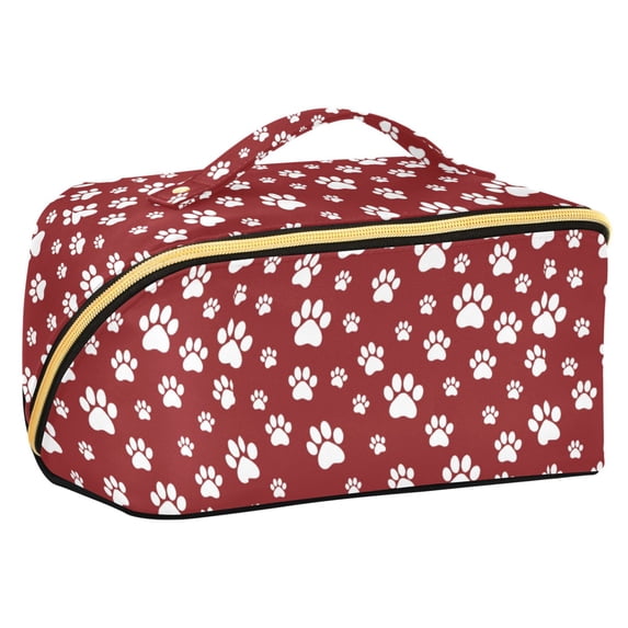 FORMRS Makeup Bag Travel Cosmetic Organizer for Women Fold Flat Zipper Pouch with Handle, Red Cartoon Paws Pattern