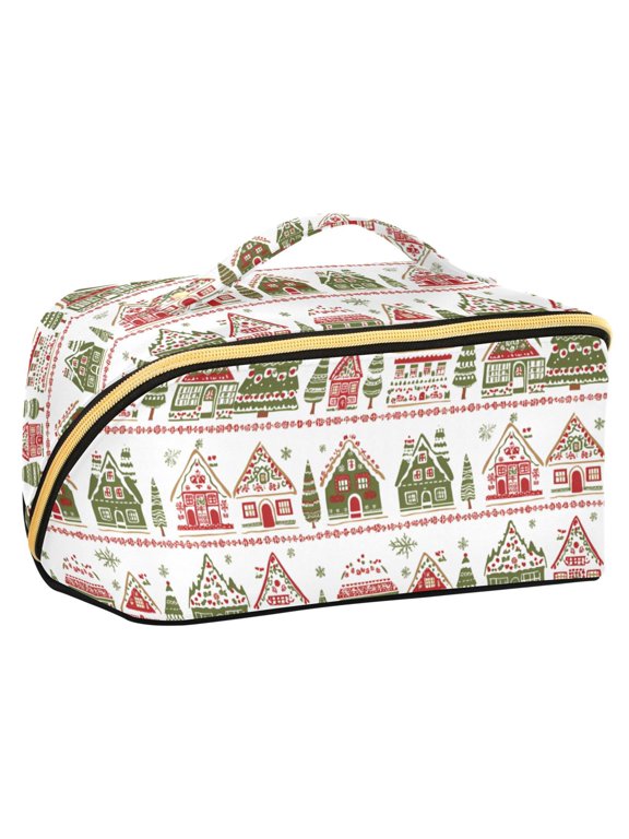 Makeup Bag Travel Cosmetic Organizer for Women Fold Flat Zipper Pouch with Handle, Red Christmas House
