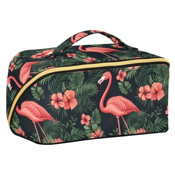 FORMRS Makeup Bag Travel Cosmetic Organizer for Women Fold Flat Zipper Pouch with Handle, Red Flamingo Pattern